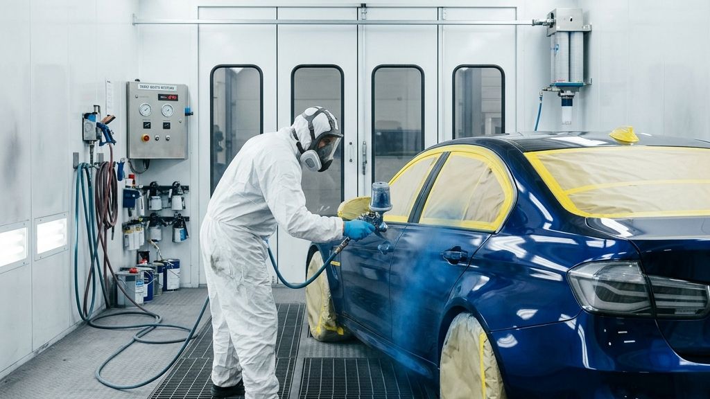 Monteur brengt professioneel spuitwerk aan in de spuitcabine van Dé Autozaak