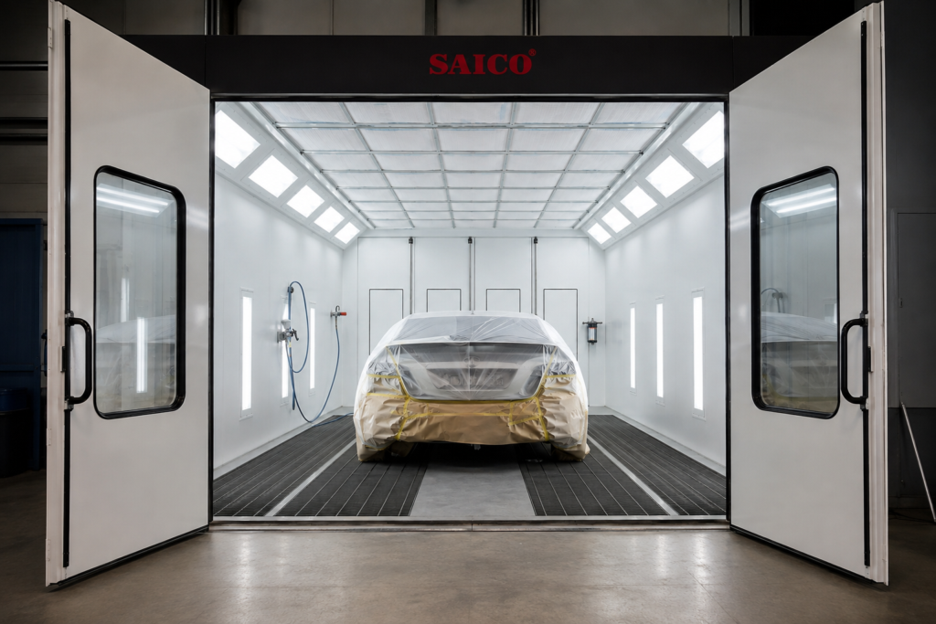Professionele spuitcabine bij Dé Autozaak in Lelystad, klaar voor het spuiten van een auto