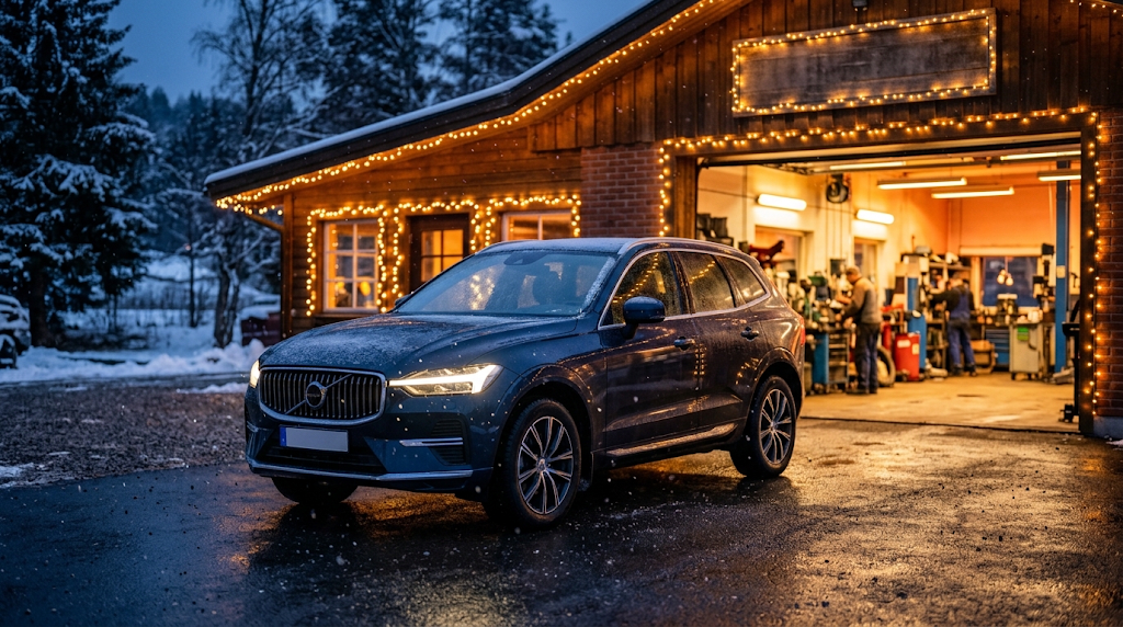 Auto winterklaar maken: donkerblauwe Volvo voor de winters verlichte garage van Dé Autozaak in Lelystad